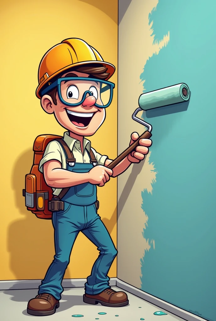 Man Painting Wall with Roller and Smiling PPE in Cartoon