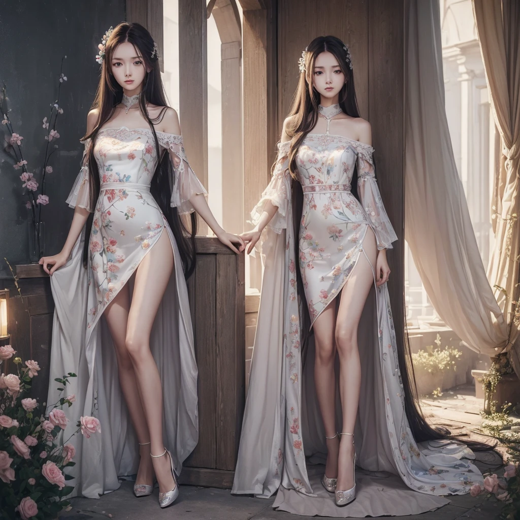((best qualityer, 8k, work of art: 1.3)), 1 girl, Slender Beauty: 1.3, (long hair: 1.2), flowered dress, Legs long: 1.1, Super thin face, thin eyes, Double eyelids, open air