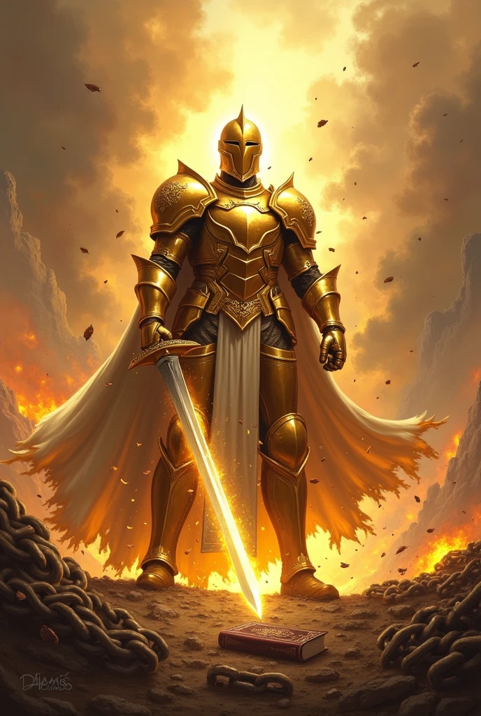 fund: A BACKGROUND OF BRIGHT SKY LIGHTS battle landscape, to create a sense of conflict and intensity.
soldier: ITS ARMOUR IS GOLDEN AND BRIGHT In the center, a soldier in shining armor, with shimmering metallic details. Armor should be detailed, BRIGHT and imposing, reflecting light to create a glowing effect. YOUR FACE CANNOT SHOW Sword: The soldier is holding a sword firmly, and the blade should look sharp and powerful. The sword MUST be cutting chains that are falling apart around it. Chains can be represented with iron details, some breaking or falling apart.
chains: MANY mooring chains may be visibly breaking or being cut by the sword. You can show some of them falling to the ground and others still partially attached., to emphasize the act of liberation.CHAINS BURST Additional Elements: ADD A BIBLE AT THE SOLDIER'S FEET , you can add details like glow around the sword, sparks of energy, or a subtle shine on the armor to increase the visual impact. PUT THE NAME OF THE AUTHOR DAMARIS MACHADO AT THE BOTTOM
