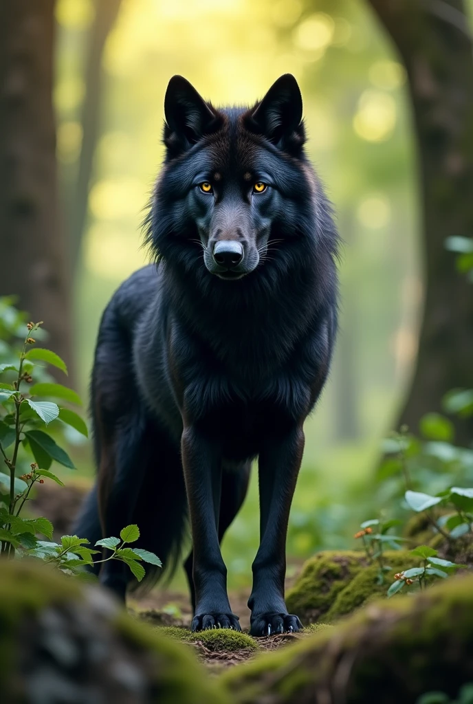 Loup noir mega beau 4k dans une forêt