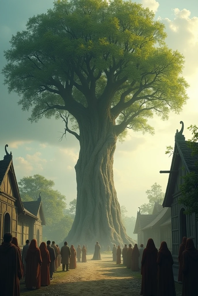 L'Arbre Sacré Après la Disparition : L'arbre sacré, toujours debout et intact, baigné par la lumière douce du matin. Le village est calme, avec des villageois qui regardent l'arbre avec un mélange de respect et de crainte. Aucune trace de l'étranger n'est visible, laissant un sentiment de mystère non résolu.