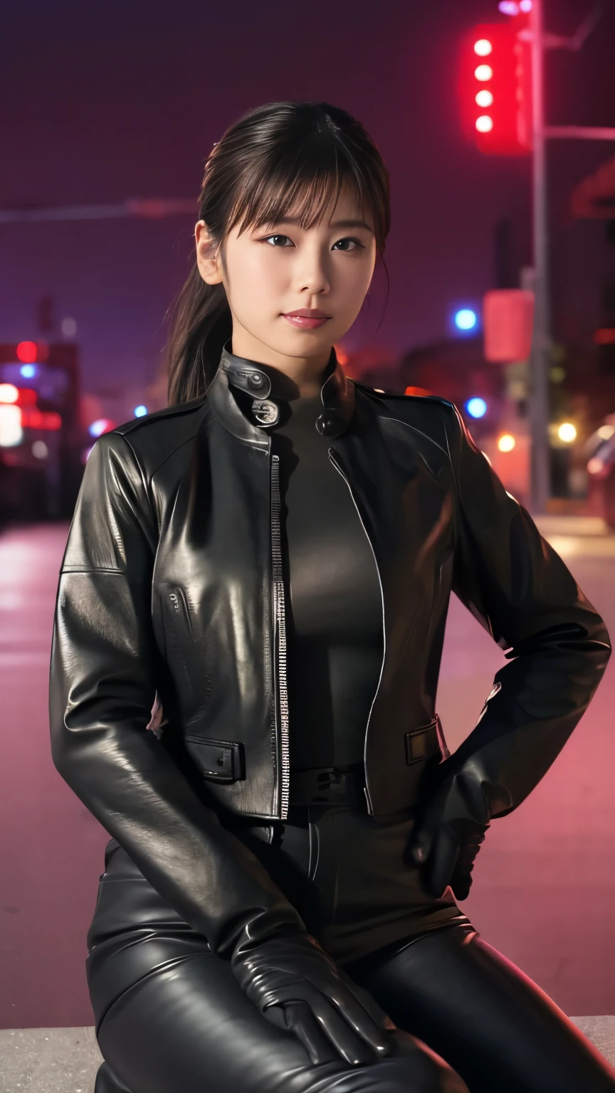 black leather rider jacket, Office in the Dark, Black leather gloved fingertips on both hands,Wearing black leather gloves,Sitting in a black leather chair、 Japanese female new recruits (Black leather gloves cover both hands) (The angle is horizontal)、Black Leather Pants,Black Leather Black Leather Pants,Black Leather Skinny Pants、very tight fit.   Long black leather boots on both feet、Black hair ponytail ((He wears black leather gloves on his hands))Full Body Photo,full body shot full body full body leather suit,☺Leather pants tucked into long boots、Full body shot from head to foot、very tight fit. If you turn in this direction。Wearing black leather gloves,Wearing black leather gloves,Wearing black leather gloves,Wearing black leather gloves,Wearing black leather gloves,Wearing black leather gloves,黒のレザーパンツが美しい😍黒のレザーパンツが美しい😍黒のレザーパンツが美しい,😍Smiling while looking at me,City lights、((Neon Cyberpunk City Street:1.3))、(Neon Light)、Detailed lighting、

Best image quality、Ultra-high resolution、(realism:1.4)、Korean Beauty Star、The most beautiful KPOP stars、face、Horny Korean Makeup、A body that makes you want to touch it、Realistic leather texture、Costume made of smooth leather fabric、The drape of the curved parts of the leather fabric、The costume is very shiny、Quality of the costume、8K Photo Quality