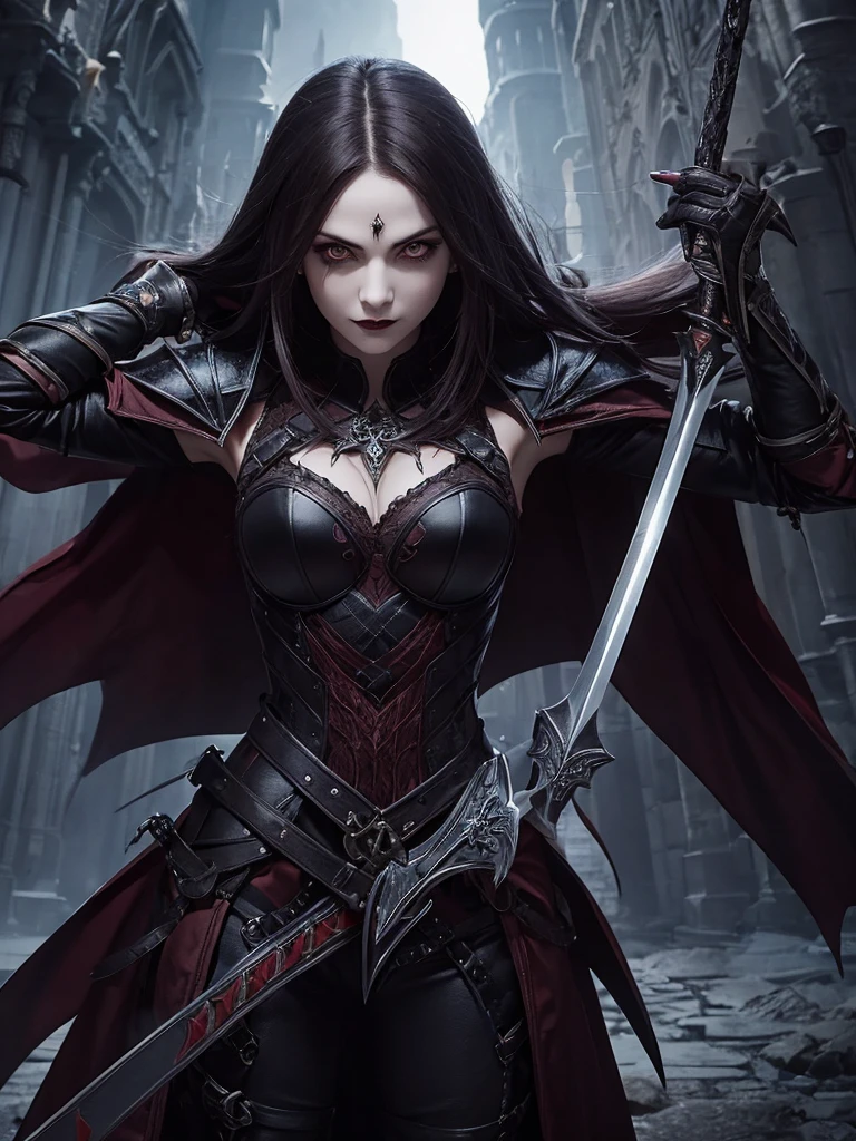 gothic vampire woman with armor and sword in victorious pose