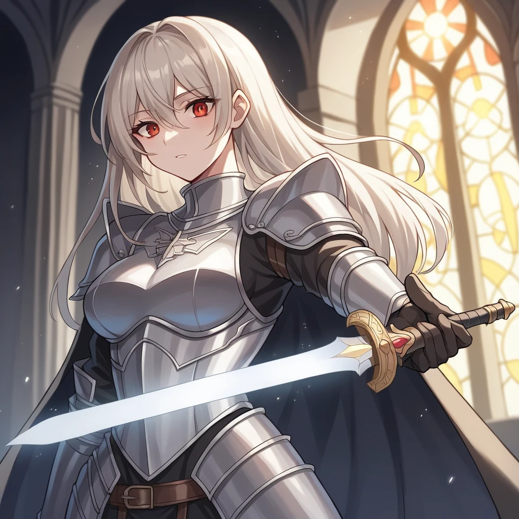 Create an illustration of a female knight in a grand, dimly lit cathedral. The knight has long, flowing platinum blonde hair and is clad in ornate, silver armor adorned with intricate gold details, now tarnished and cracked. She stands solemnly with a majestic, glowing sword held vertically in front of her, the tip touching the ground. The sword emits a dark, ominous light, casting eerie shadows across her face and highlighting the stained glass windows in the background. Her once serene expression is now twisted with anguish, and dark veins of corruption spread across her exposed skin. The atmosphere is one of fallen grace and impending doom, with a sense of inner turmoil and lost divinity. The overall mood should convey a powerful narrative of honor tainted by corruption and the struggle between light and darkness within her soul.