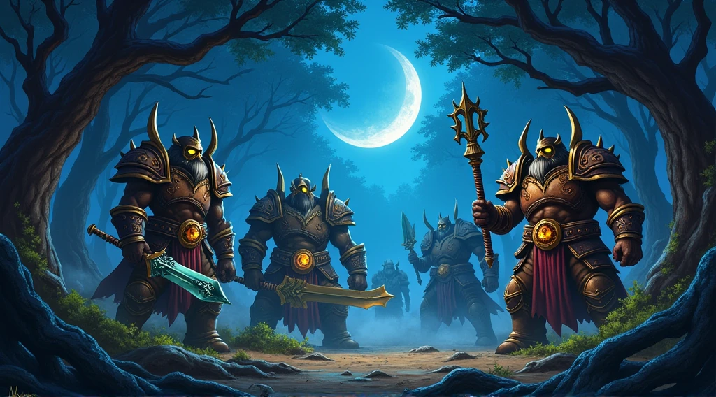 Prompt 1: The Battle Preparation (World of Warcraft Style)
Description: A dark, mystical forest at night, lit by a crescent moon. Heavily armored characters, resembling heroes from World of Warcraft, prepare for battle. Their armor is ornate, oversized, and glowing with magical runes, fitting the exaggerated and stylized design of WoW. The characters carry large, enchanted weapons that radiate power. The scene is set in an ancient forest with twisted, massive trees and glowing magical roots. Shadows and mist swirl around their feet, creating an ominous and mystical atmosphere, typical of WoW's dark zones like Duskwood.
Style: World of Warcraft, stylized, vibrant colors, exaggerated proportions, fantasy realism, cartoonish touch.