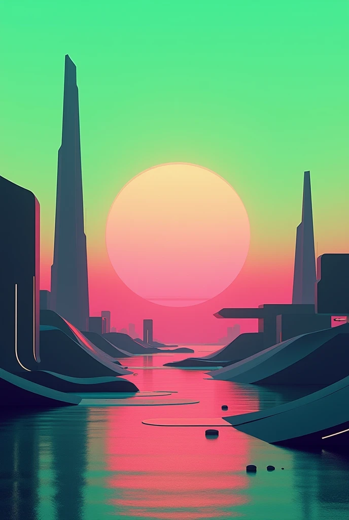 minimalist cyber punk style sunset with green and pink colors 