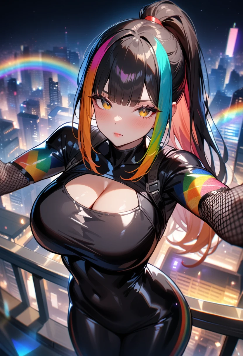 1girl,solo,super detailed skin,shiny skin,expressionless face, ,(rainbow colored hair:1.2),straight hair,ponytail,hime cut,eyelashes,lips gloss ,large soft breasts,fullbodysuit,fishnet arms,cleavage cutout,ninja clothes ,cleavage cutout,rainbow magic,night sky,cityscape ,masterpiece,best quality,ultra detailed,high resolution,sharp focus