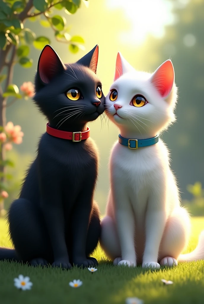 a black cat called "Black" with a red collar and a white cat named "White" with a blue collar