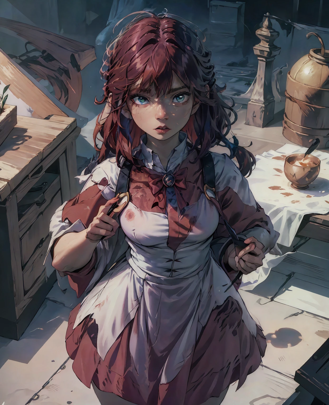 a beautiful girl with pointed ears, pale skin, and wild red hair, detailed facial features, big green eyes, wearing a tattered dress, in a dark fantasy forest setting, (best quality,4k,8k,highres,masterpiece:1.2),ultra-detailed,(realistic,photorealistic,photo-realistic:1.37),digital painting,highly detailed,dramatic lighting,cinematic composition,whimsical,fantasy,dark fantasy,moody atmosphere