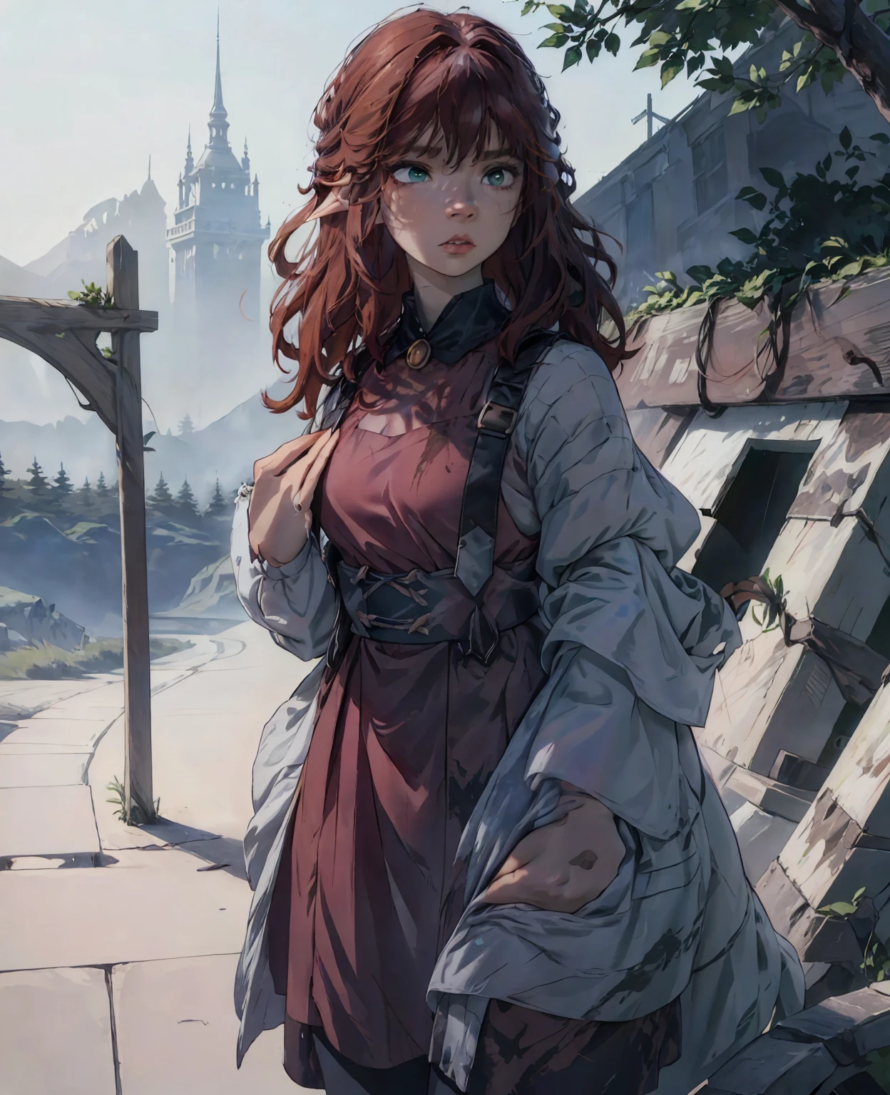 a beautiful girl with pointed ears, pale skin, and wild red hair, detailed facial features, big green eyes, wearing a tattered dress, in a dark fantasy forest setting, (best quality,4k,8k,highres,masterpiece:1.2),ultra-detailed,(realistic,photorealistic,photo-realistic:1.37),digital painting,highly detailed,dramatic lighting,cinematic composition,whimsical,fantasy,dark fantasy,moody atmosphere