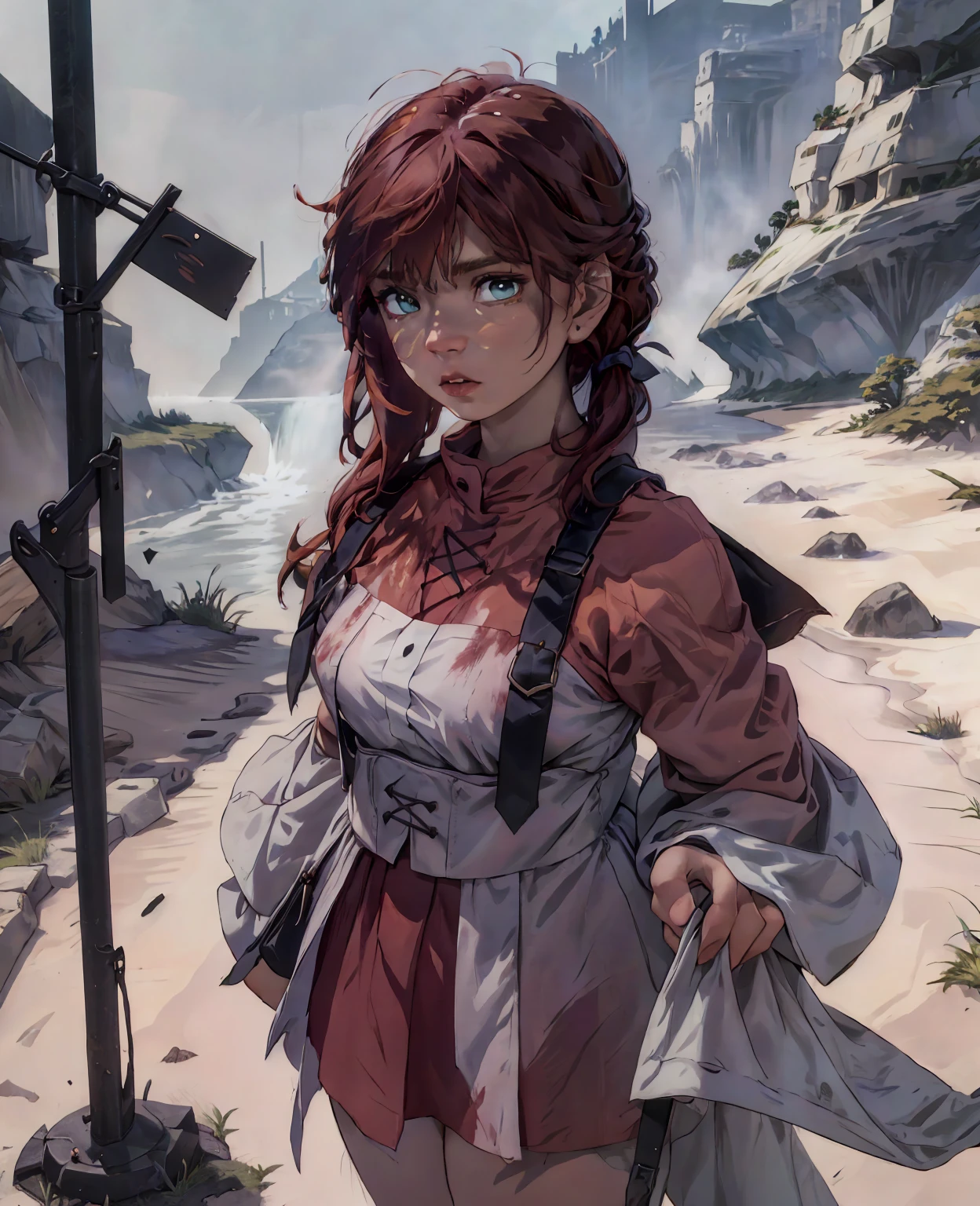 a beautiful girl with pointed ears, pale skin, and wild red hair, detailed facial features, big green eyes, wearing a tattered dress, in a dark fantasy forest setting, (best quality,4k,8k,highres,masterpiece:1.2),ultra-detailed,(realistic,photorealistic,photo-realistic:1.37),digital painting,highly detailed,dramatic lighting,cinematic composition,whimsical,fantasy,dark fantasy,moody atmosphere