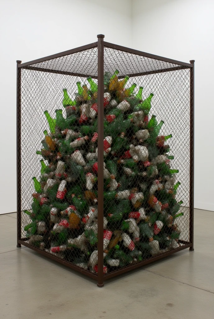 Dozens of old plastic Coke bottles piled loose in a square cube of metal mesh