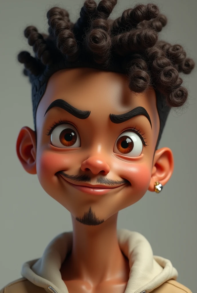 generates the image of a light brown dulce de leche colored boy with thick eyebrows, rectangular brown eyes and large eyelashes, curly hair in low fade cut, earring in ear, marked jaw, discreet little mustache and a naughty, cocky face