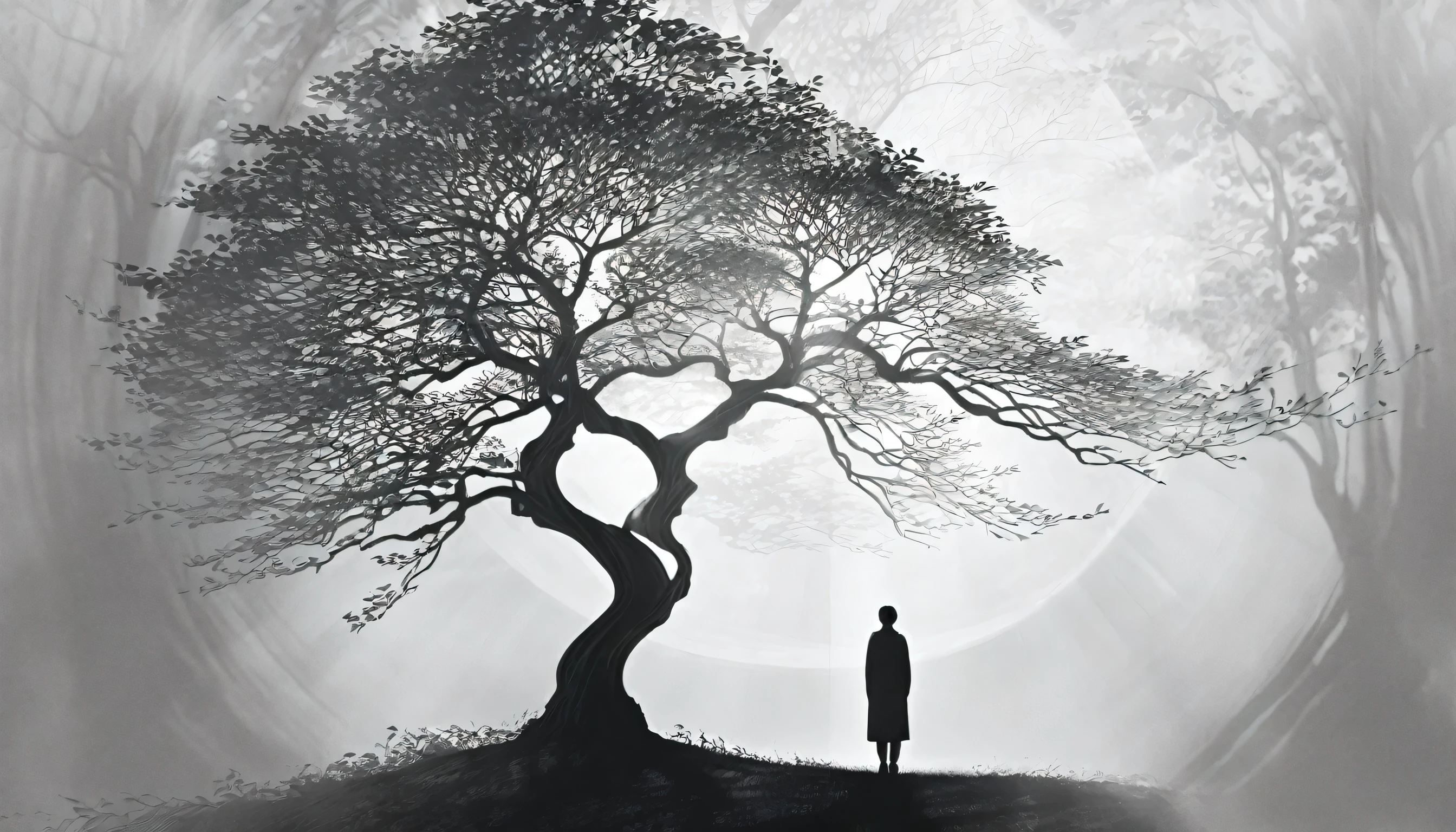 A tree of life next to a faded photograph,minimalist Journey,highres,ultra-detailed,realistic,portrait,monochrome,contrast,bold lines,dark atmosphere,simple composition,dramatic lighting,expressive face,subtle emotions,striking gaze,intense stare,simple clothing,mysterious background,haunting beauty,graceful pose,mysterious aura,vivid black and white tones,ethereal,concept art,journey of self-discovery,quiet introspection,depth of the soul,symbolic representation,minimalist environment,subtle details,emotional depth,striking simplicity,balance of light and darkness,surreal experience,striking shadows,subtle textures,detailed expression,striking visual impact,straightforward yet thought-provoking,wide range of emotional interpretation，shadow，anatomical correct:2
