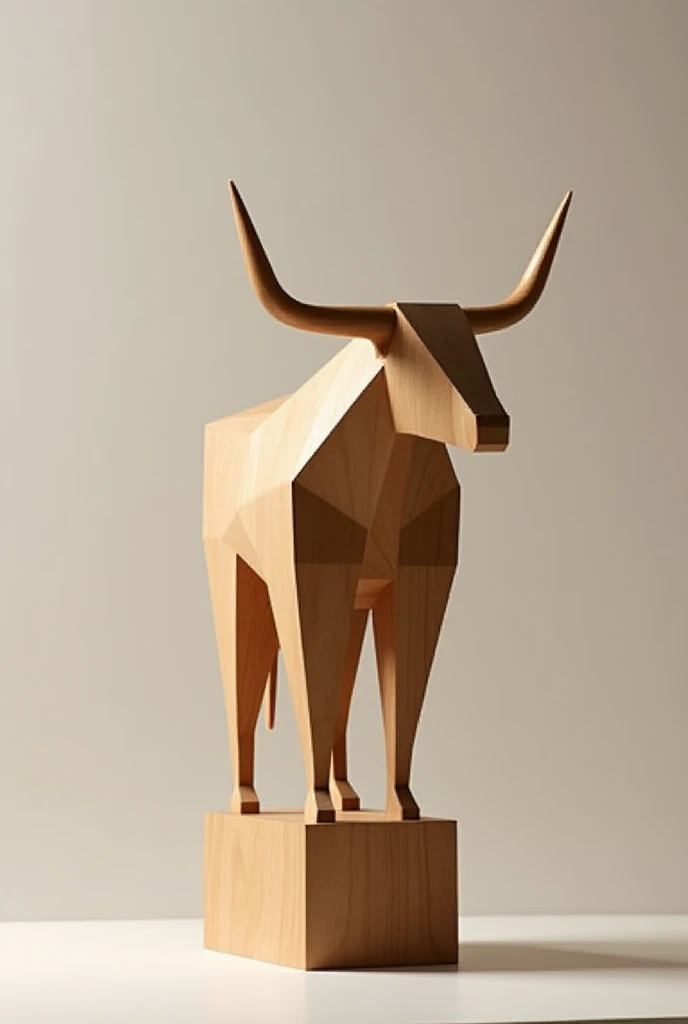 Generate an image of a bull wooden abstract craft sculpture minimalist artistic style. Make the horns long and pointy