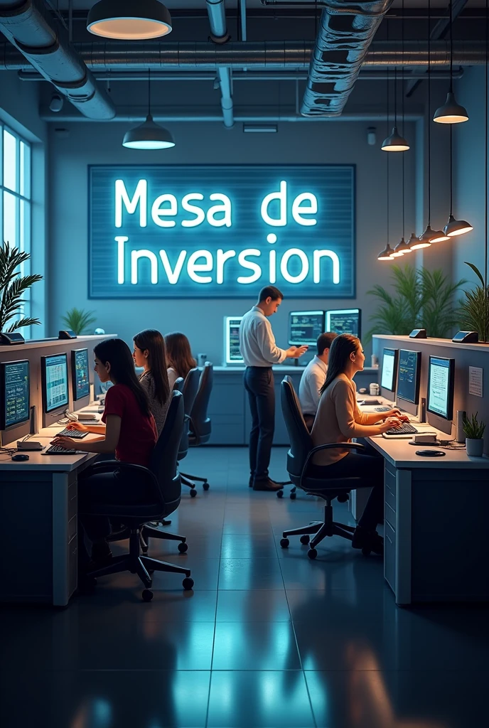 A smaller financial trading room with serene woman and men traders and
'Mesa de Inversion' on the wall.