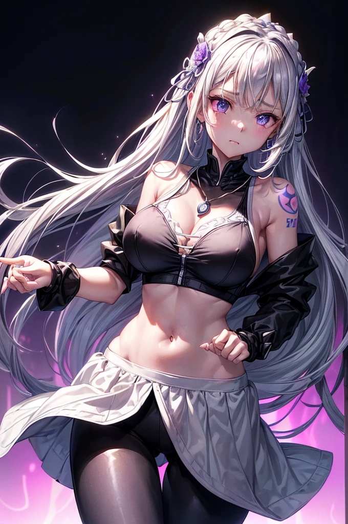 Emilia re:zero, purple eyes, Emilia, crown braid, x hair ornament, flower hair ornament, white hair, long hair, medium breasts, 最high quality、best image quality、masterpiece、girl((20-year-old、 By becoming、vest bust、medium bust,wide open breast tea、shining eyes, silver hair、long hair、thin,highest valley、black sports bra、black sports pants、shoulder tattoo,diamond earrings、Wristband、black jacket、necklace、forward leaning movement、move violently)),high quality、beautiful art、background((Virtual space、neon lighting、neon light、Live feeling))、Flight、debris flies、Depth of written boundary、movie、visual art、perfect art、8K,genuine、Dynamic Performance