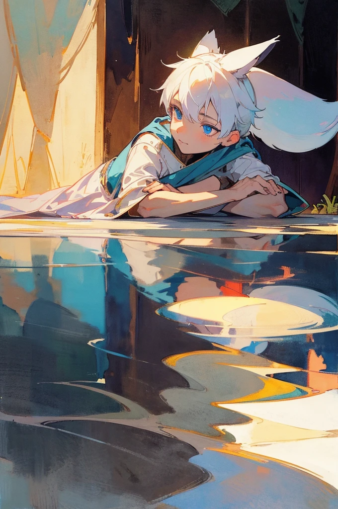 Boy with fox ears, white hair and big blue eyes with lots of reflections and lights in them, dressed in a humble medieval way, sitting on the ground of the beautiful forest, looking back. Super detailed drawing with lots of lights and shading, angle very close to the face. Renaissance painting style, watercolor with pastel colors.