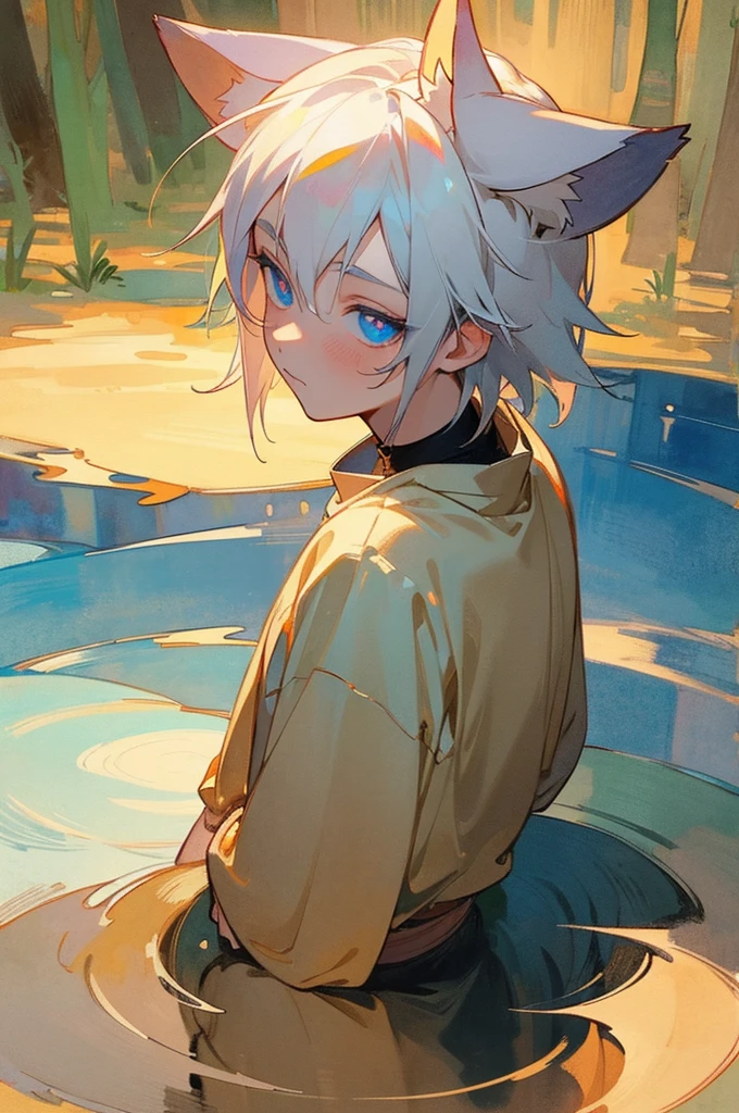 Boy with fox ears, white hair and big blue eyes with lots of reflections and lights in them, dressed in a humble medieval way, sitting on the ground of the beautiful forest, looking back. Super detailed drawing with lots of lights and shading, angle very close to the face. Renaissance painting style, watercolor with pastel colors.