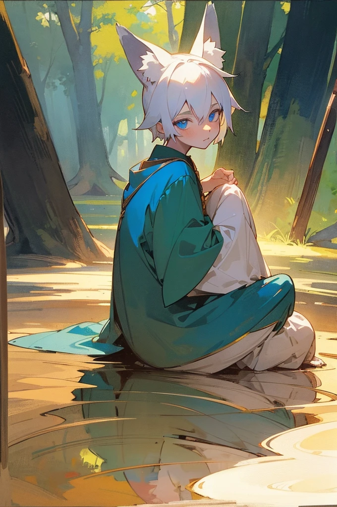 Boy with fox ears, white hair and big blue eyes with lots of reflections and lights in them, dressed in a humble medieval way, sitting on the ground of the beautiful forest, looking back. Super detailed drawing with lots of lights and shading, angle very close to the face. Renaissance painting style, watercolor with pastel colors.