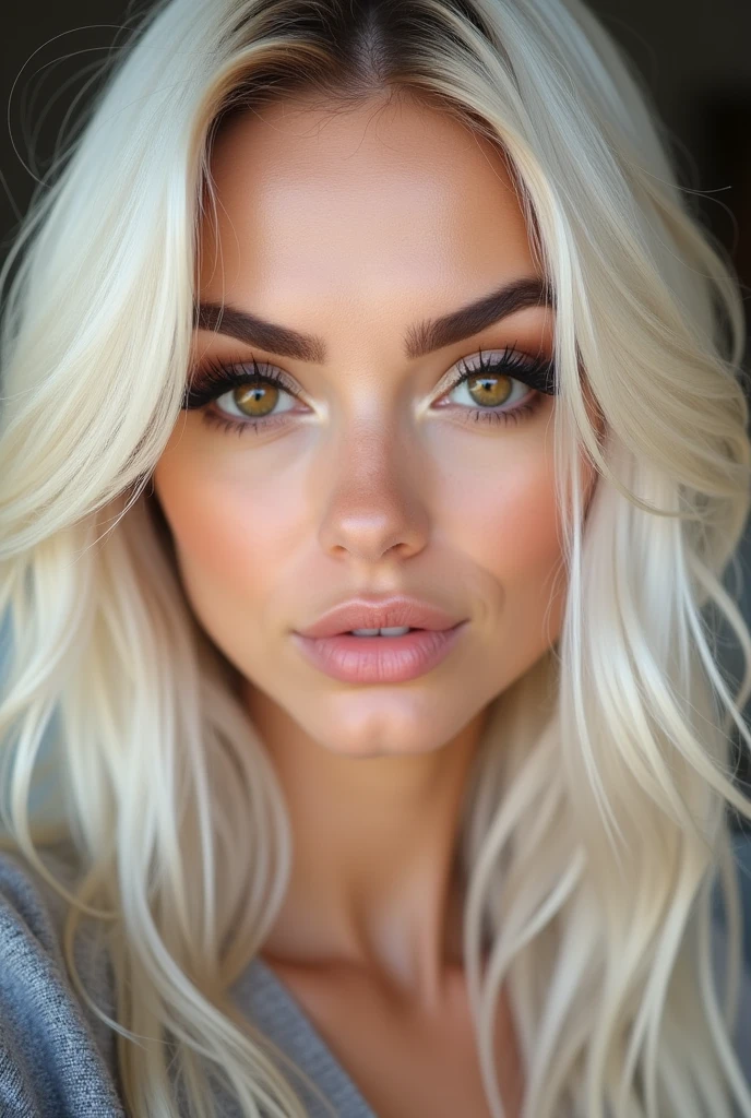 realistic Beautiful sexy blonde woman in selfie white hair brown eye brown eyebrow