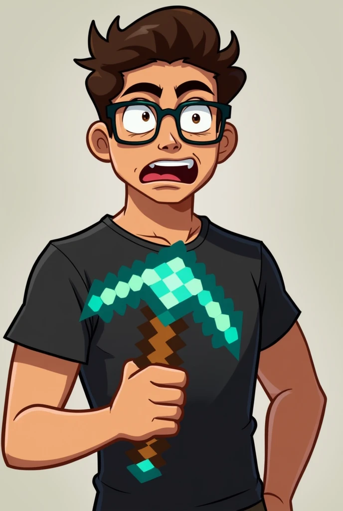 Can you create a character from the waist up?, holding a Minecraft diamond pickaxe with both hands, pointing left, your arms appear, His outfit is a black short sleeve shirt, His expression is one of fear but not too exaggerated, he is looking slightly to the left, he wears a lens glasses, he has short hair, your skin tone is a little light brown, your style is a little more cartoonish, just to remind you, he wears prescription glasses, just to remind you, he is holding the pickaxe with both hands, right in front of the chest, your body is facing, only your eyes are looking to the left.