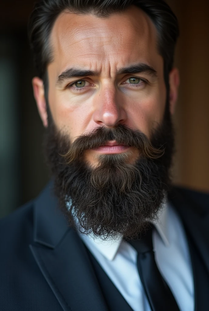 Realistic profile photo of a man only showing from the mouth down, man with a well-groomed beard, wearing an elegant suit and tie, photo that conveys power