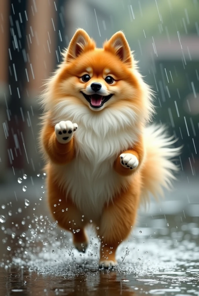 a yellow and white german spitz dog, dancing in the rain like fred astaire