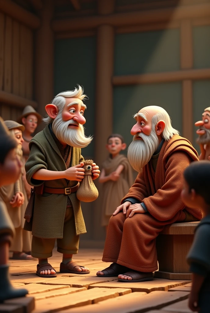 "Inside a simple village council, the poor old man stands before the village elder who is sitting on a wooden chair. The man offers the bag he found to the elder, and he appears to be honest and loyal. The elder looks at the bag with deep thought, while some of the villagers watch the scene with interest."   , 3d animation ,disney inspired, 8k