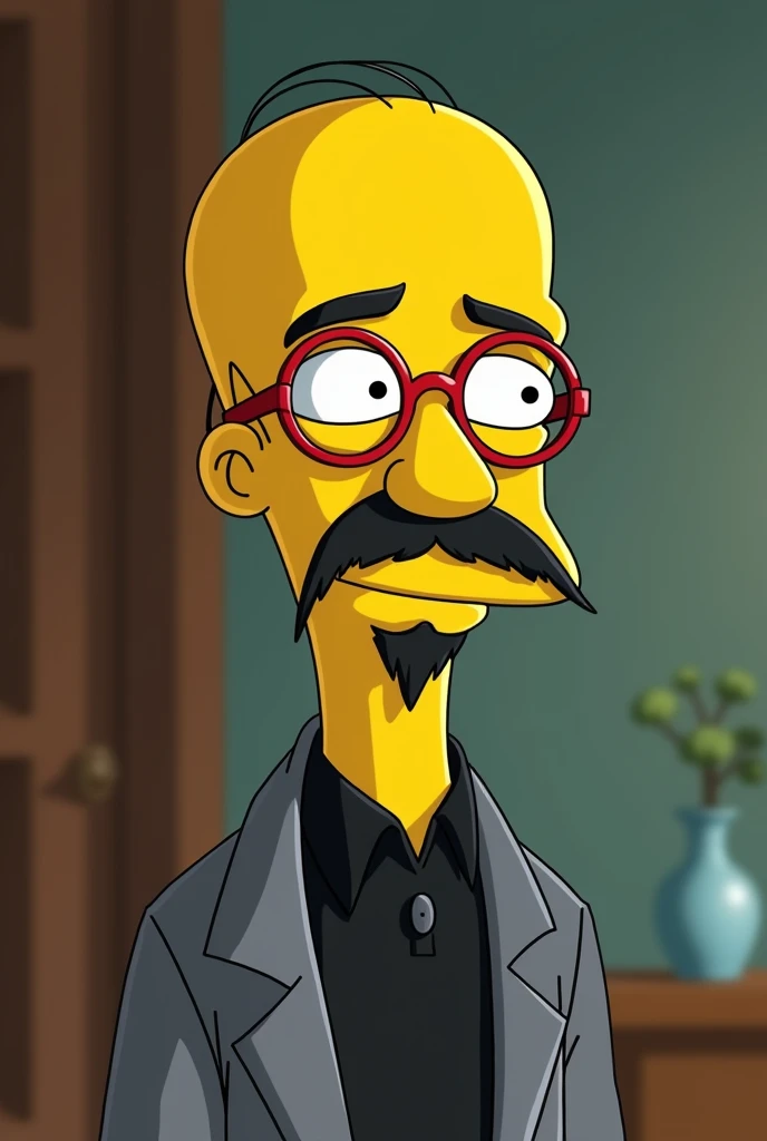 Create the animated character Kirk Evelyn Van Houten with a black goatee, who is Milhouse's dad with little black hair on the periphery and bald in the center of his rounded head with round red-framed glasses in a suit, with a flat nose with cheeks . Black Closed Goatee, with grey suit and black shirt