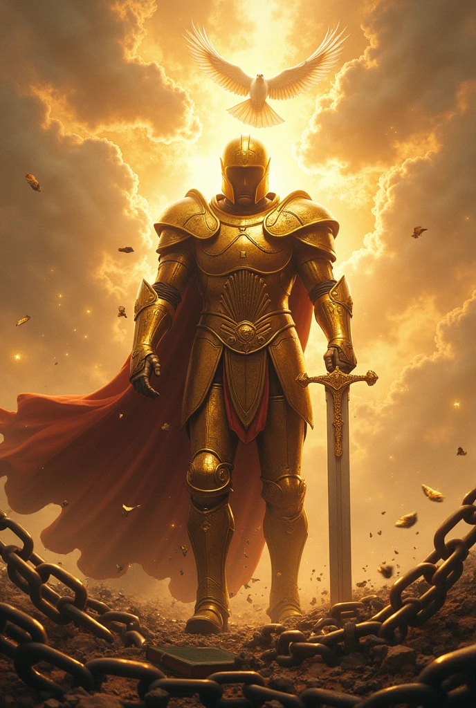 fund: A BACKGROUND OF BRIGHT SKY LIGHTS battle landscape, to create a sense of conflict and intensity.
soldier: ITS ARMOUR IS GOLDEN AND BRIGHT In the center, a soldier in shining armor, with shimmering metallic details. Armor should be detailed, BRIGHT and imposing, reflecting light to create a glowing effect. YOUR FACE CANNOT SHOW Sword: The soldier is holding a sword firmly, and the blade should look sharp and powerful. The sword MUST be cutting chains that are falling apart around it. Chains can be represented with iron details, some breaking or falling apart.
chains: MANY mooring chains may be visibly breaking or being cut by the sword. You can show some of them falling to the ground and others still partially attached., to emphasize the act of liberation.CHAINS BREAKING I WANT A DOVE OF THE HOLY SPIRIT FLYING OVER THE SOLDIER Additional Elements: ADD A BIBLE AT THE SOLDIER'S FEET , you can add details like glow around the sword, sparks of energy, or a subtle shine on the armor to increase the visual impact. PUT THE NAME OF THE AUTHOR DAMARIS MACHADO AT THE BOTTOM