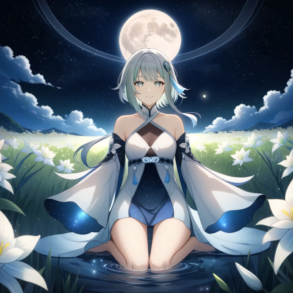 1girl, guizhong_\(genshin_impact\),light grey hair,short_hair_with_long_locks,starry_sky_print,detached_sleeves, long sleeves_past_fingers,hanfu,illustrated by matsuryuu and agahari and dsmile,pale blue eyes,stunning field of softly glowing blue and white glaze lilies,night scene,gentle smile,moonlight,glossy lips,vivid anime coloring,cel shading,smooth, soft dreamy focus,anklet,halter_top,white clothes,highly detailed,digital painting,field of flowers,bare_shoulders,wlop,barefoot,cool night tones, magical night scene,masterpiece, best quality, film, professional, 4k, highly detailed,Guardian nebula of rainbow light and silvery vapor,starry,cosmic,goddess,rich color,hdr,silver moon,

A woman shrouded in mystery, Stand gracefully on the endless shore, Surrounded by shimmering stardust, The bell Creates a faint glow in the haze. Her face, Full of expression and depth
