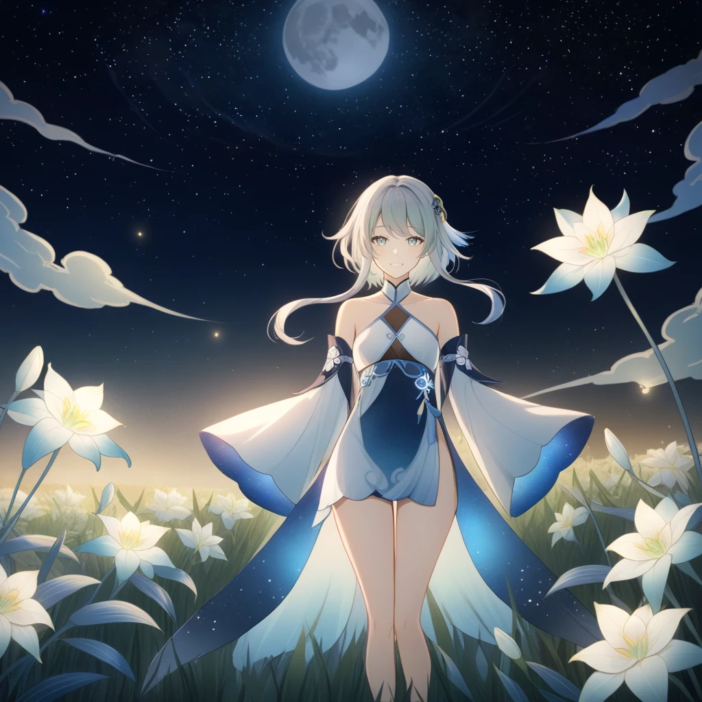 1girl, guizhong_\(genshin_impact\),light grey hair,short_hair_with_long_locks,starry_sky_print,detached_sleeves, long sleeves_past_fingers,hanfu,illustrated by matsuryuu and agahari and dsmile,pale blue eyes,stunning field of softly glowing blue and white glaze lilies,night scene,gentle smile,moonlight,glossy lips,vivid anime coloring,cel shading,smooth, soft dreamy focus,anklet,halter_top,white clothes,highly detailed,digital painting,field of flowers,bare_shoulders,wlop,barefoot,cool night tones, magical night scene,masterpiece, best quality, film, professional, 4k, highly detailed,Guardian nebula of rainbow light and silvery vapor,starry,cosmic,goddess,rich color,hdr,silver moon,

A woman shrouded in mystery, Stand gracefully on the endless shore, Surrounded by shimmering stardust, The bell Creates a faint glow in the haze. Her face, Full of expression and depth
