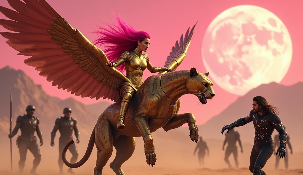 Woman with the face of Megan Fox, with long pink hot hair, with a gold red sonja suit, riding on a golden winged panther, flying over soldiers with black cyber armor who are attacking a strong man with the face of Henry Cavill, long dark hair, wearing black cyber armor with circuits of light! They are in a desert and the background has mountains and a pink sky with a huge full moon!, photo, cinematic, fashion, vibrant, dark fantasy