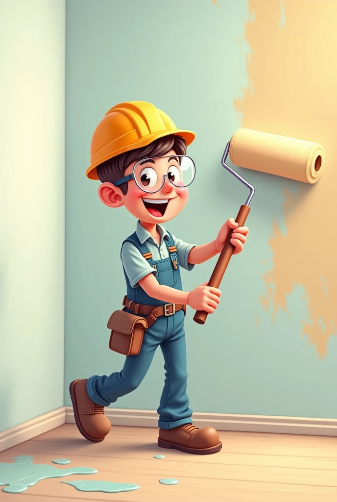 Man Painting Wall with Roller and Smiling PPE in Cartoon