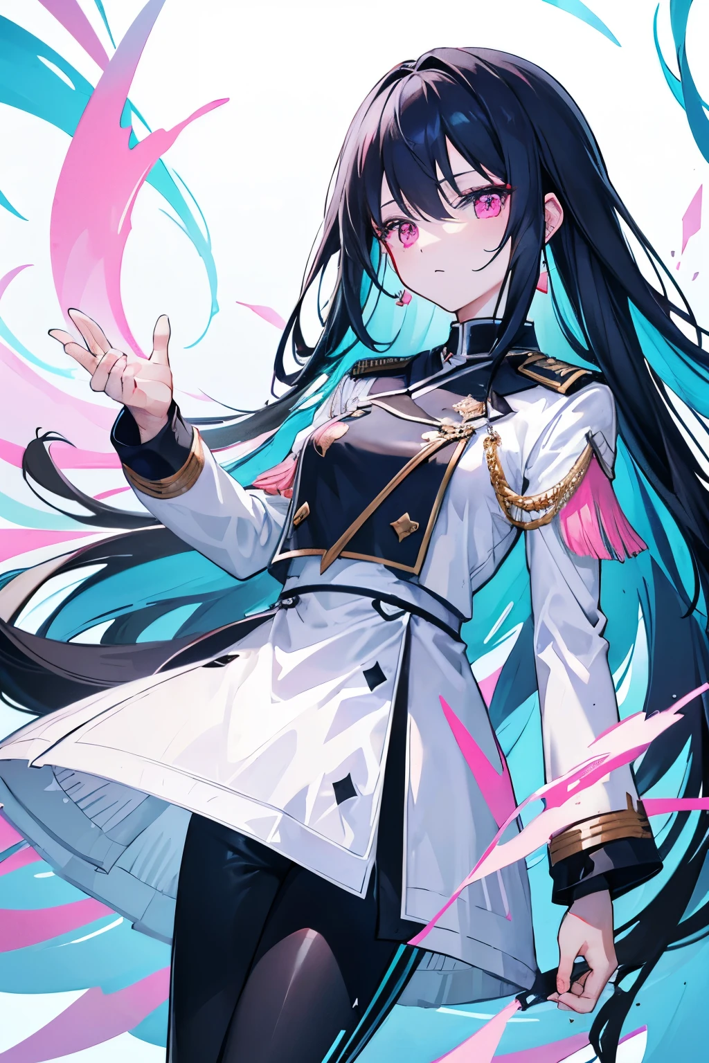 Long black hair、cyan and pink Eyes, white and blue knight uniform, black pants