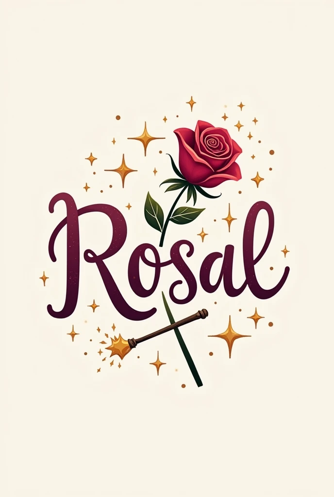 Logo with the word Rosal, Inspired by a rose, a birthday present, a magic wand and stars