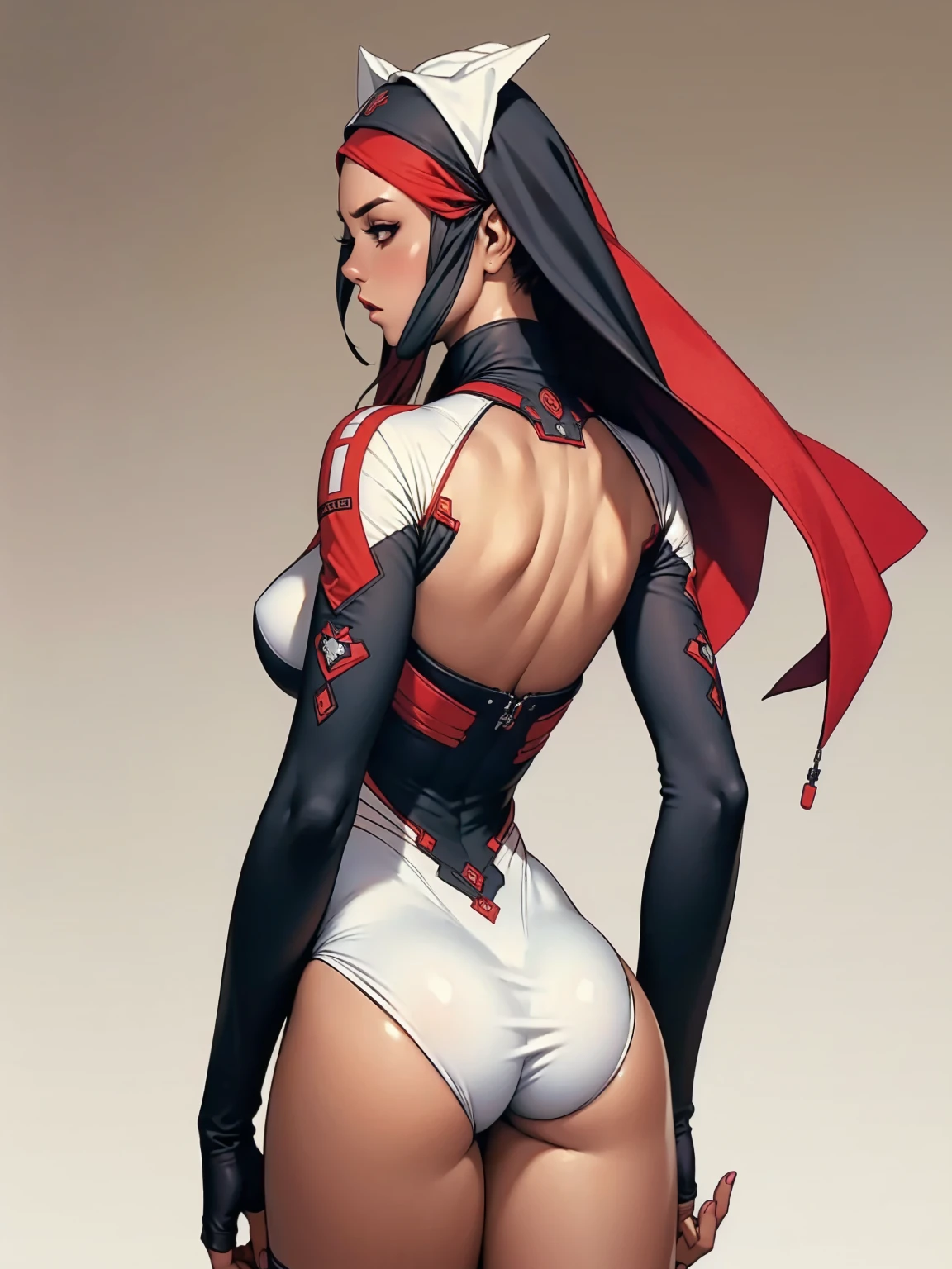 (((back view))), (((perfect ass))), (best qualityer))), ((redheadwear)), (((short arms))), ((( nun suit ))), (((bandaged arms))), ((high collar)), (((black with red details))), (((best qualityer: 1.4))), (Unbeatable masterpiece), (hiper HD),(CG 8k hyper-realistic), (((brave face))), (((hyper feminine))), sexly girl, Tron,（black bob hair)), ((( sculptural body ))), (((1 Kizi))), Kizi cibernética de 25 anos com perfectbody,,Beautiful and well-groomed face,muscular body:1.2,solid color detailed jacket, (Head to thigh photos)， Complex equipment, green dark，Long pants，Tight clothes are dark，With white stars and off-white stripes,,,,,Armor Metal Electronic Parts, Poison tattoos ) INFO, Kizi, (((standing alone))), pirralha violent, ((())), sexly, pose de atitude, work of art, post-apocalypse, (((manga style))), bounty hunter, violent, Manic, the way you want, slenderbody, thin but strong, perfectbody, roupa moderna, advanced technology, neon, sleeves with vertical striped pattern, neutral background, (( cowboy shot )). intricate visual