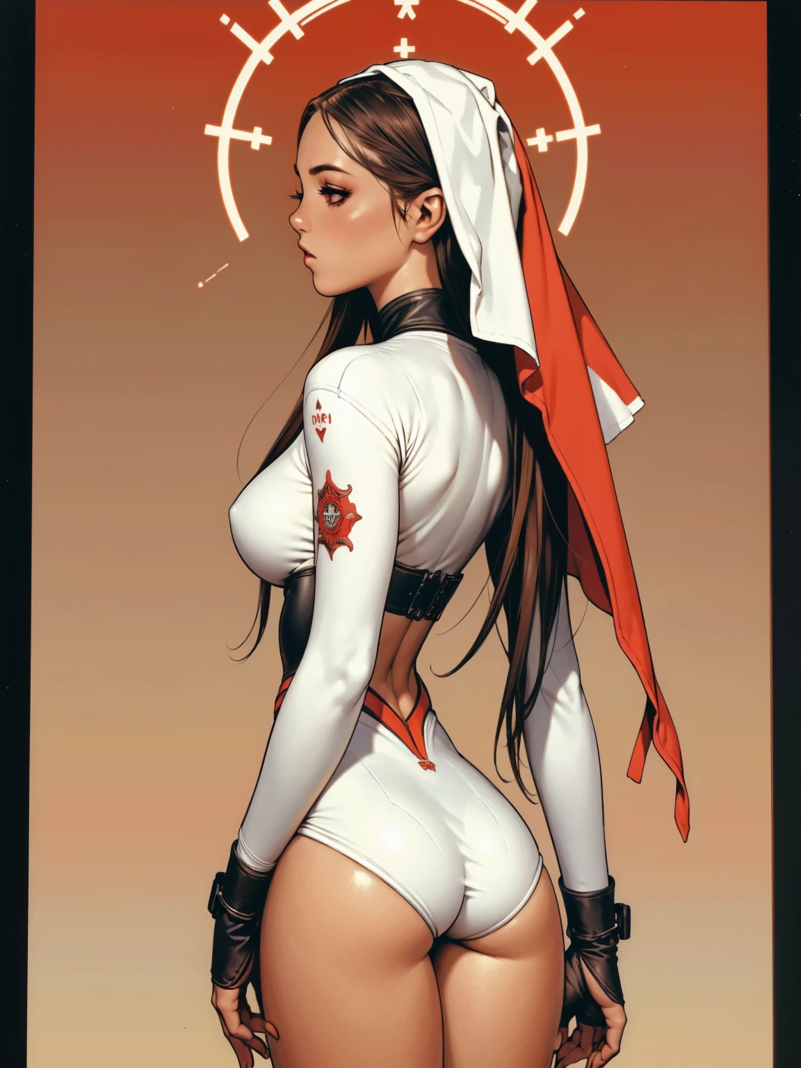 (((back view))), (((perfect ass))), (best qualityer))), ((redheadwear)), (((short arms))), ((( nun suit ))), (((bandaged arms))), ((high collar)), (((black with red details))), (((best qualityer: 1.4))), (Unbeatable masterpiece), (hiper HD),(CG 8k hyper-realistic), (((brave face))), (((hyper feminine))), sexly girl, Tron,（black bob hair)), ((( sculptural body ))), (((1 Kizi))), Kizi cibernética de 25 anos com perfectbody,,Beautiful and well-groomed face,muscular body:1.2,solid color detailed jacket, (Head to thigh photos)， Complex equipment, green dark，Long pants，Tight clothes are dark，With white stars and off-white stripes,,,,,Armor Metal Electronic Parts, Poison tattoos ) INFO, Kizi, (((standing alone))), pirralha violent, ((())), sexly, pose de atitude, work of art, post-apocalypse, (((manga style))), bounty hunter, violent, Manic, the way you want, slenderbody, thin but strong, perfectbody, roupa moderna, advanced technology, neon, sleeves with vertical striped pattern, neutral background, (( cowboy shot )). intricate visual