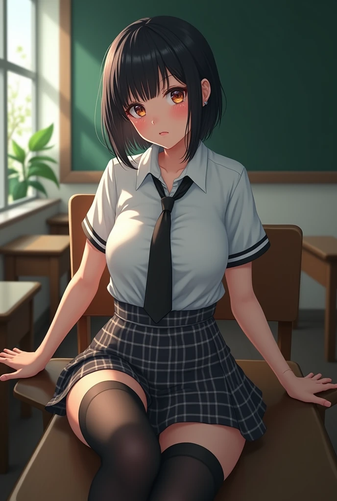 masterpiece, Highest quality, figure, Very detailed, The finer details, High resolution, 8k,wallpaper,nude、 Perfect dynamic composition,(Detailed high quality, Realistic depiction of eyes:1.3), (White school shirt :1.2), (Checked skirt :1.3), Black tie, Black thigh-high stockings, Sitting, Leg spread, Short Bob Hair, In the classroom, Background blackboard, Deep in the field, Large Breasts, Black hair color, Big Natural Color Lip, (Perfect figure), Crying a little、Harajuku Style、Cute type、Hata、Beautiful feet, Idol Sculpture