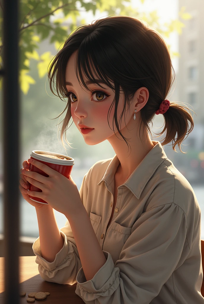 Highest quality、High resolution、Detailed Background、(Beautiful face in every detail:1.4)、Anatomically correct、(Normal number of fingers:1.2)、(Detailed facial expressions)、Detailed eyes、Teenage beauty、(Highly detailed face:1.4)、ponytail、Bobcut、Perfect body line、Solitude and silence、An ennui atmosphere、Create unique moods and emotions、

While sitting on the terrace of a cafe、Drinking coffee alone、There is a view of the city ahead.、wood々The leaves are swaying in the wind、There are other people around、Just the sound of quiet conversation or the sound of a book being read、A deep silence spreads、The air is cold、But it&#39;s comfortable、among them、Indulge in your own thoughts