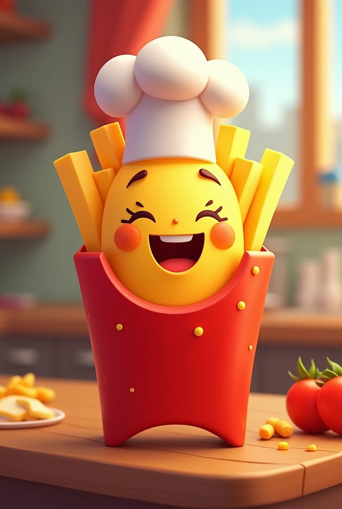 A smiling French fries with an animated chef hat