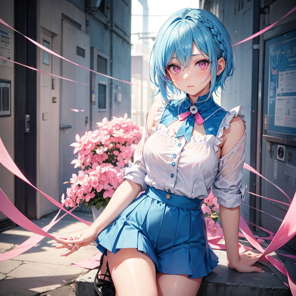 (Sky blue hair),(Braided short hair), (Pink Eyes),Fair skin) ,(whole body),(one person's),(Embarrassed),(The background is a school classroom),(Heart lettering on a blackboard),(Heart-shaped chocolate),(Hand it forward with both hands),(Sailor suit),(valentine's day),(masterpiece, Highest quality, Very detailed, Best Shadow), (Detailed Background), (Beautifully detailed face), High Contrast, (Best lighting, Very delicate and beautiful), ((Cinematic Light)), Hyper Detail,8k, Dramatic Light, Intricate details,High quality