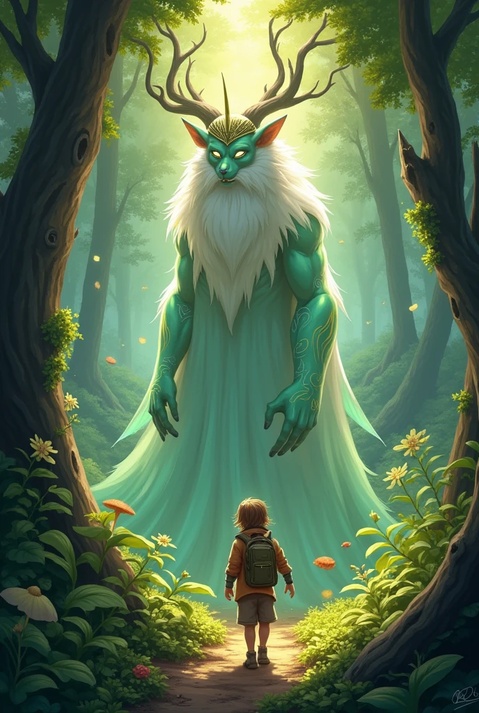 A magical guardian in a magical forest a young explorer