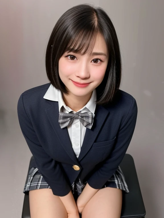 (kawaii 18 year-old Japanese girl is sitting on chair, Nogizaka idol, Korean idol), healthy female athlete body, (glossy black hair, short hair, pixie cut, bangs:1.3), (rounded face, pure black eyes, single eyelid, no makeup, splashing smile:1.2), (wearing Japanese school uniforms, blazer jacket, collared shirt, bow tie:1.3), extra small breasts, (plaid skirt, bare thighs:1.2), socks, loafers, BREAK, (simple grey background:1.3), (view from above, cowboy shot, thigh focus:1.2), BREAK, (masterpiece, best quality, photo realistic, official art:1.4), (UHD, 8K quality wallpaper, high resolution, raw photo, golden ratio:1.3), (shiny skin), professional lighting, physically based rendering, award winning, (highly detailed skin, extremely detailed face and eyes, anatomically correct body), Carl Zeiss 85 mm F/1.4, depth of field, 1girl, solo,