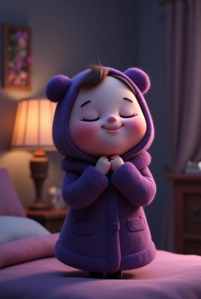 Memoji moving around in dark purple coat smiling , saying he&#39;s going to sleep 