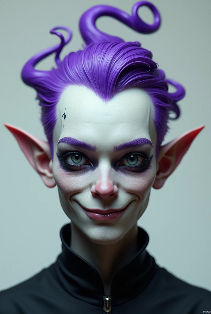 The man has purple hair and slightly long antennae...、He has dark circles and sharp teeth like a shark...、The top of his head has curly hair that resembles the top of a question mark...。A smiling face with one corner of the mouth turned up.。The nose is thin and beautiful..。
