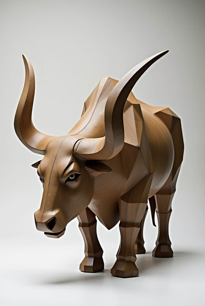 Generate an image of a bull wooden abstract craft sculpture minimalist artistic style. Make the horns long and pointy and make the posture aggressive 