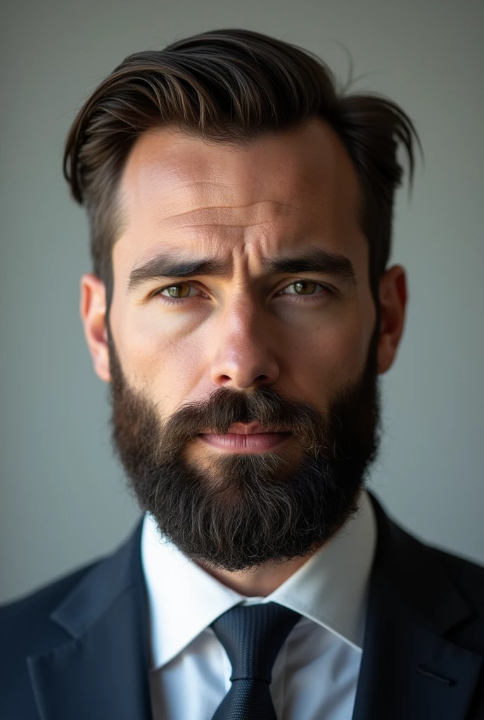 Realistic profile photo of a man only showing from the mouth down, man with a well-groomed beard, wearing an elegant suit and tie, photo that conveys power, the face does not appear