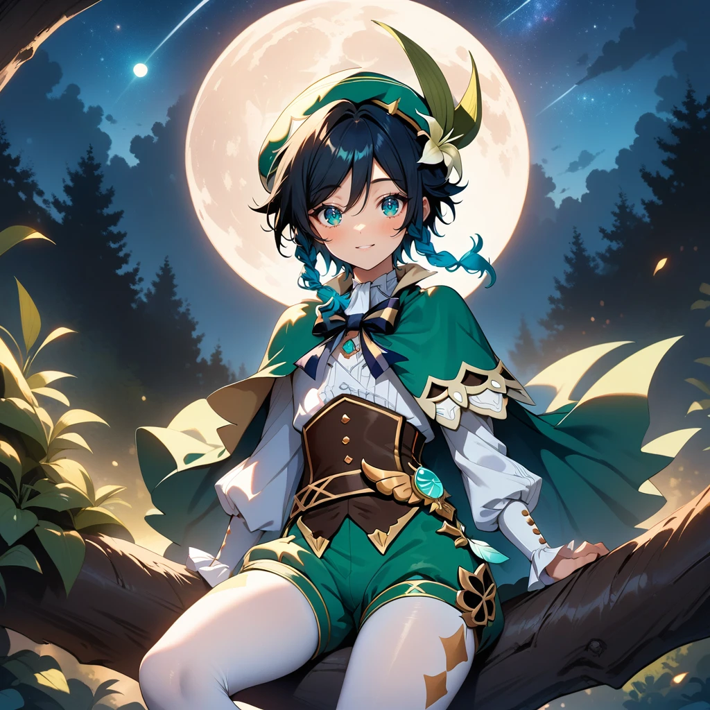 (best quality,4k,8k,highres,masterpiece:1.2),1boy,venti_\(genshin_impact\),sitting in tree,(face focus,detailed face and clear eyes),flat chest,realistic:.5,night time,ladyshadow,bluegreen eyes,mysterious smile,green cape,white long sleeved shirt,leather corset,(puffy green shorts),(plain white tights),green hat, dark night scene, starry sky with silver moon,dark,low light,deep blue lighting,